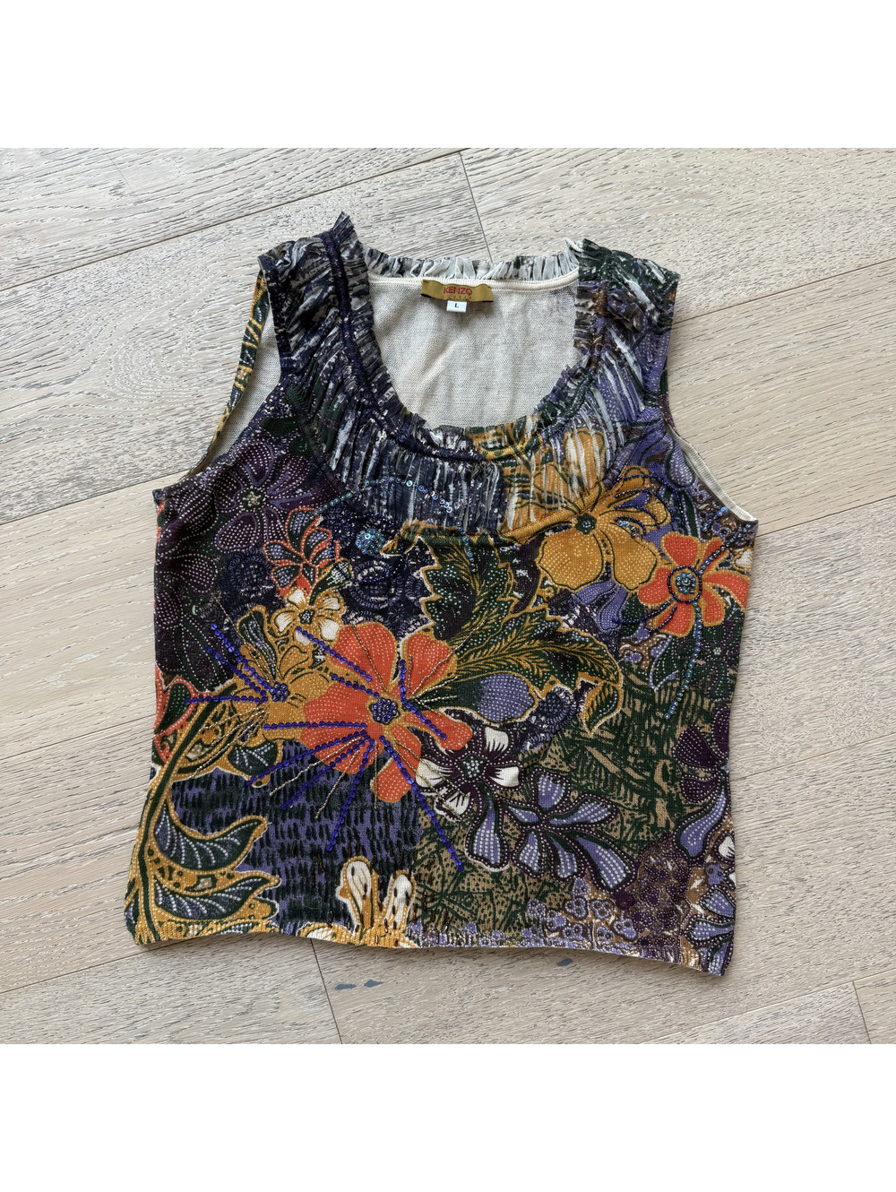 Vintage Kenzo Y2K Jungle Floral Sequin Sleeveless Top Size L(fits S/M)